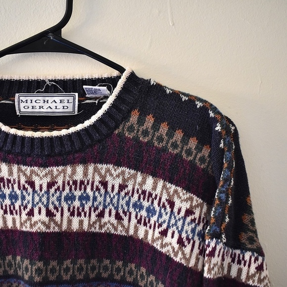 L- Vintage Michael Gerald Mens Grandpa Striped Pattern Navy Sweater - Picture 2 of 6